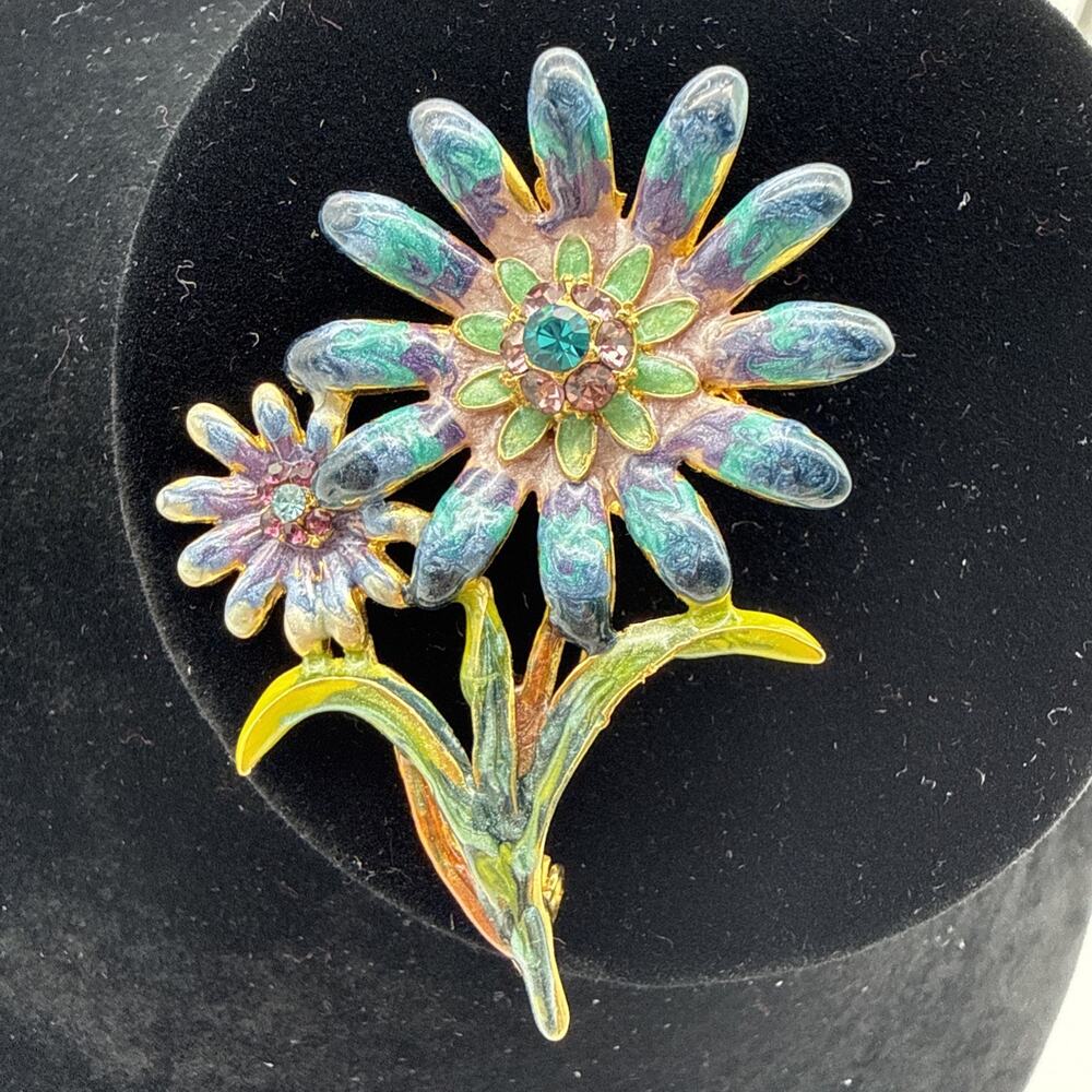 Vintage Green Enamel & Rhinestone Cluster Flower Brooch Pin Unmarked